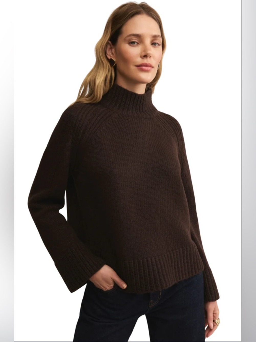 Z Supply Women Emerge Funnel Neck Pullover Sweater Chocolate Brown Size L Preppy